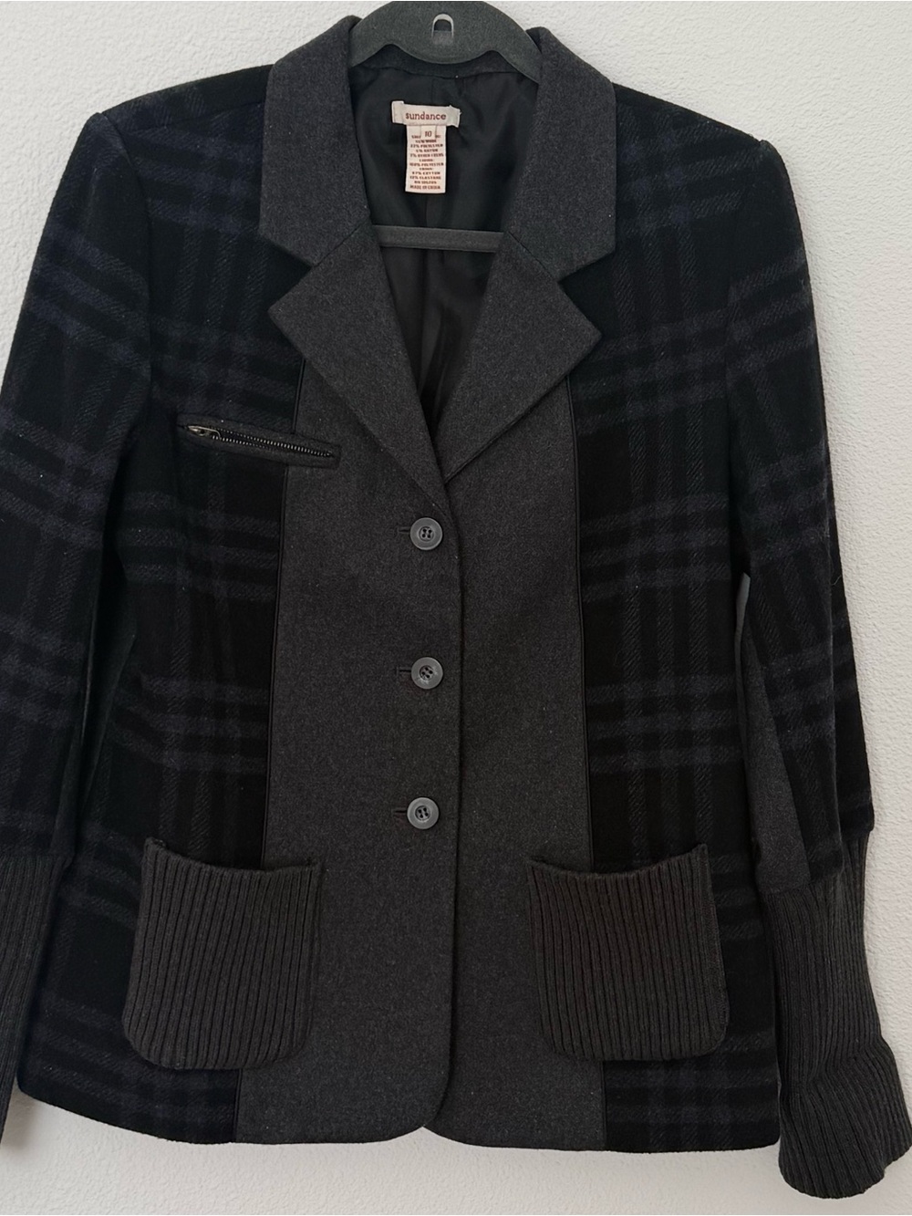 Sundance Mixed Media Plaid Wool Blazer Jacket Gray Black Knit Pocket Size 10
